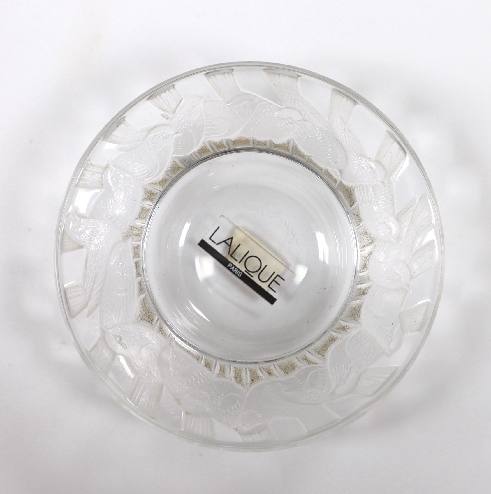 A Lalique dish, brass-mounted cut glass posy vase and coloured glass cat